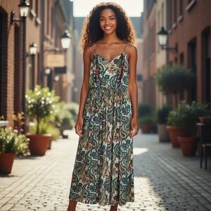 Dilanni Paisley Boho Maxi V Neck Suede Tie Adjustable Straps Elastic Waist Sz Lg